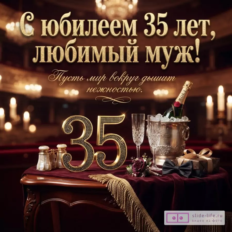 Поздравительная открытка с текстом «С юбилеем 35 лет, любимый муж! Пусть мир вокруг дышит нежностью.» На бордовом фоне свечи, шампанское, бокалы, подарок и цифры 35.