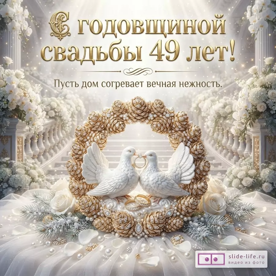 Белый фон, золотые буквы, золотой венок из шишек с бриллиантами, две белые голубки, обручальные кольца. Текст: «С годовщиной свадьбы 49 лет! Пусть дом согревает вечная нежность.»