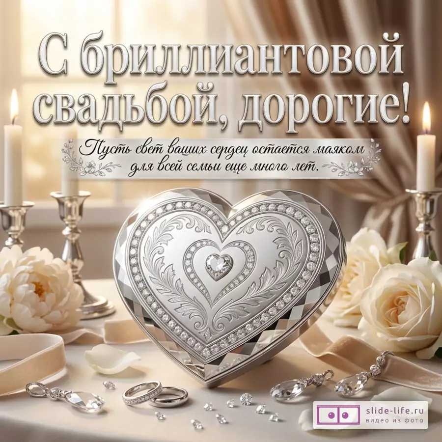Открытка с текстом «С бриллиантовой свадьбой, дорогие! Пусть свет ваших сердец остаётся маяком для всей семьи еще много лет.», бежевый интерьер, свечи, белые розы, кольца, серебристое сердце