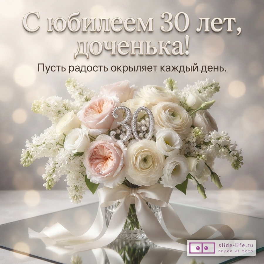Букет из белых и розовых роз с цифрой 30 в стеклянной вазе с атласной лентой, надпись «С юбилеем 30 лет, доченька! Пусть радость окрыляет каждый день.»