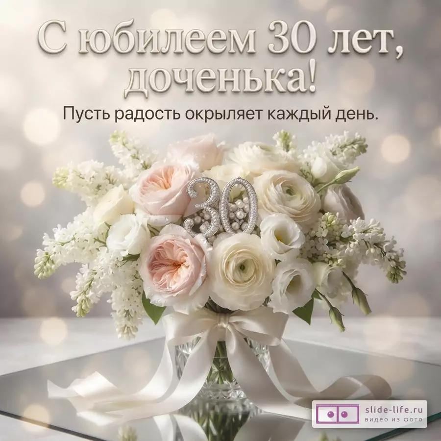 Букет из белых и розовых роз с цифрой 30 в стеклянной вазе с атласной лентой, надпись «С юбилеем 30 лет, доченька! Пусть радость окрыляет каждый день.»