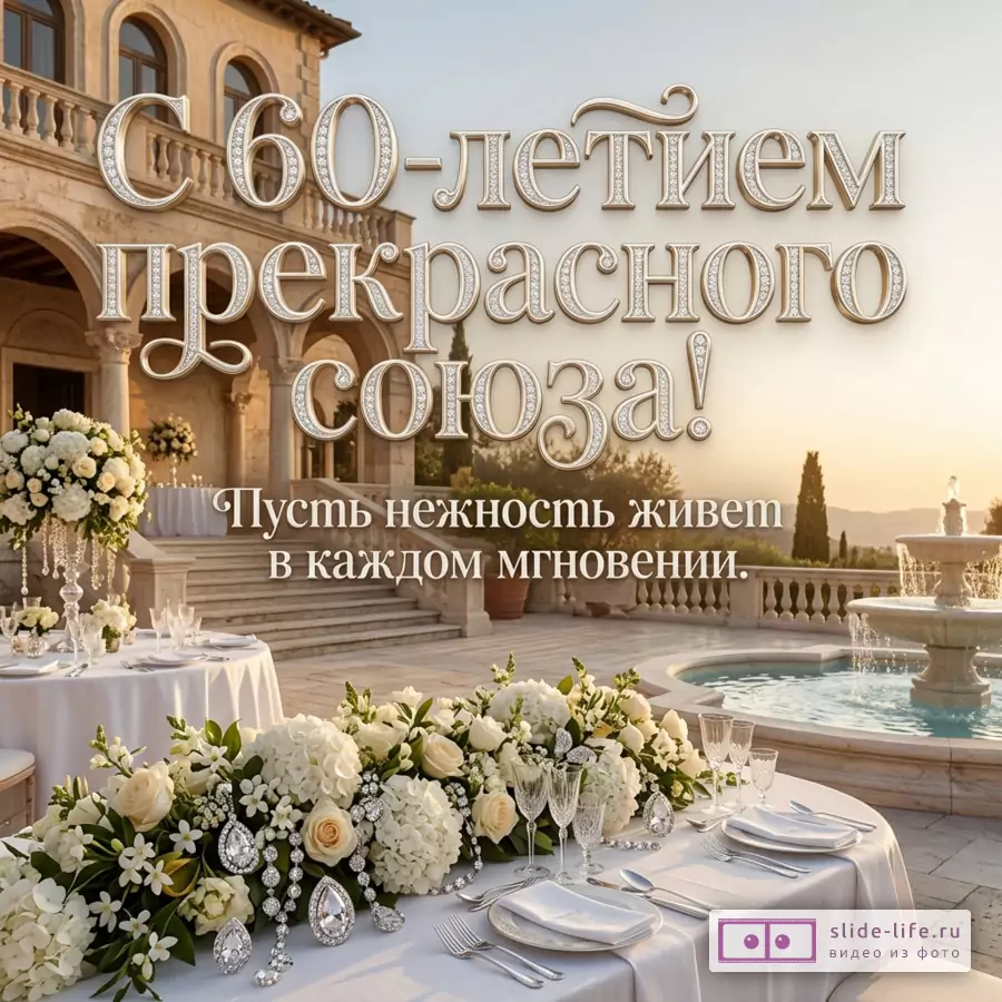 Открытка к 60-летию свадьбы, светлый фон с виллой, фонтаном, бассейном и белыми цветами на столах, текст «С 60-летием прекрасного союза! Пусть нежность живет в каждом мгновении.»