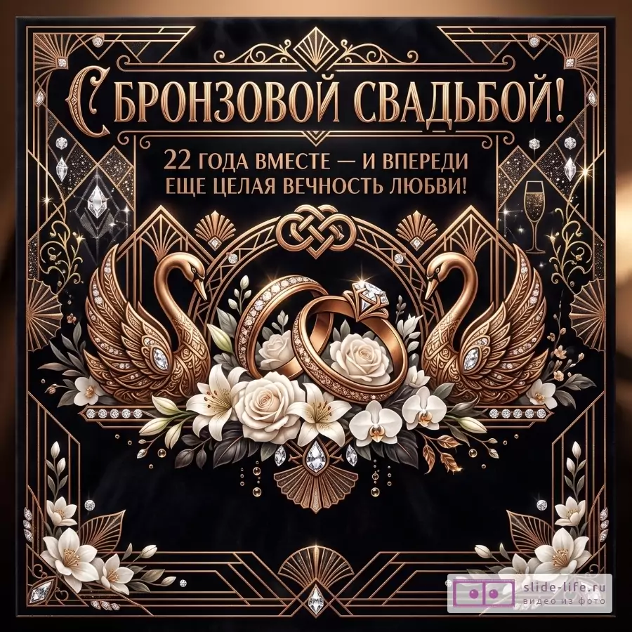 Черный фон с бронзовым орнаментом, лебедями, кольцами и белыми цветами. Текст: «С БРОНЗОВОЙ СВАДЬБОЙ!» и «22 ГОДА ВМЕСТЕ — И ВПЕРЕДИ ЕЩЕ ЦЕЛАЯ ВЕЧНОСТЬ ЛЮБВИ!».