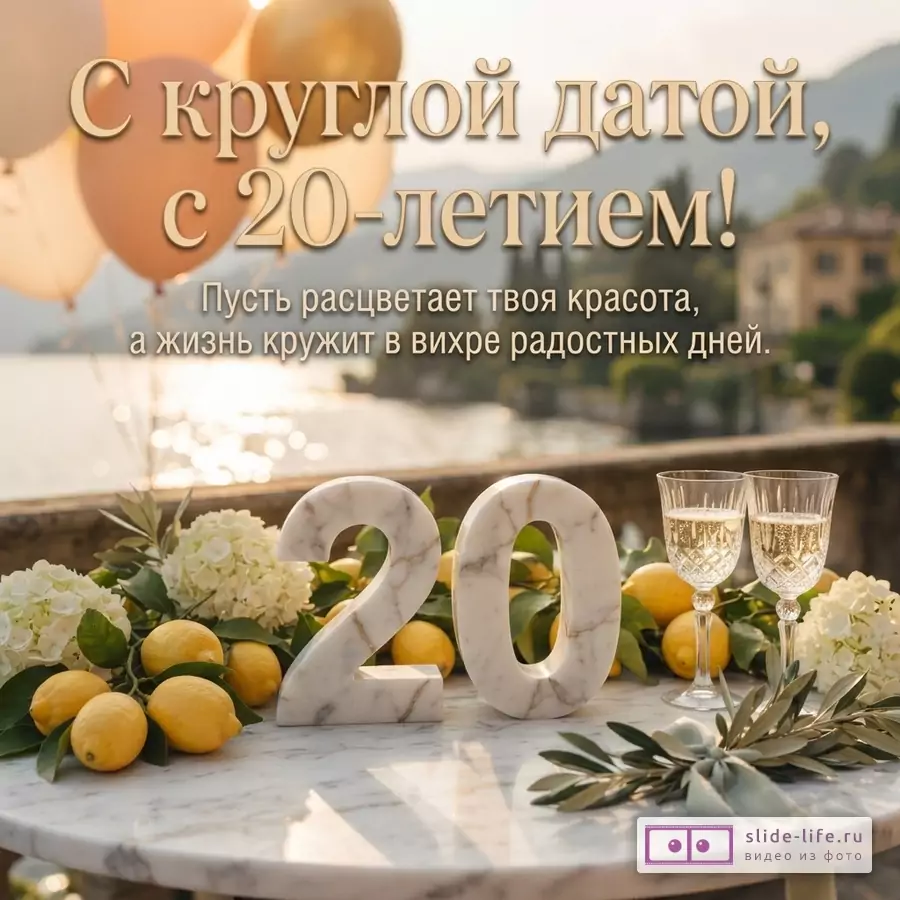 Мраморная цифра 20, лимоны, белые цветы и бокалы на террасе у озера с текстом «С круглой датой, с 20-летием! Пусть расцветает твоя красота, а жизнь кружит в вихре радостных дней.»