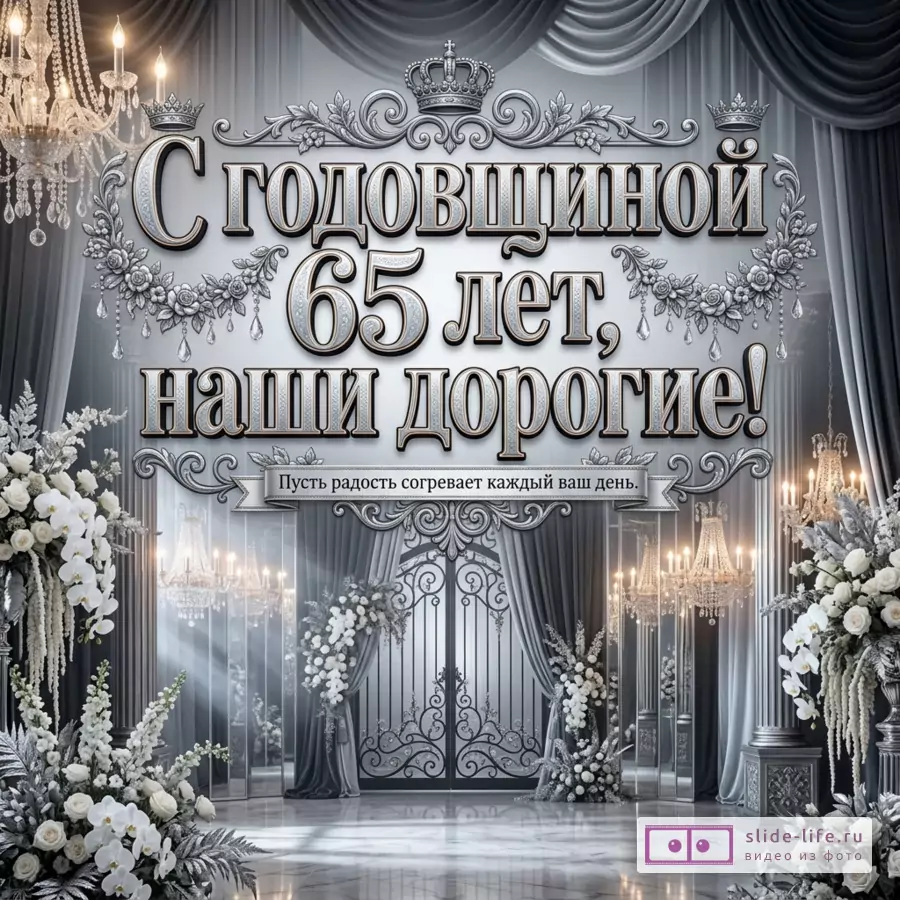 Серебристо-серый фон с драпировками, люстрами, белыми цветами и декоративной рамкой, текст «С годовщиной 65 лет, наши дорогие! Пусть радость согревает каждый ваш день.»