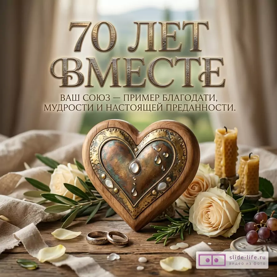 Открытка к Благодатной свадьбе, бежево-коричневый интерьерный фон, деревянное сердце с металлической вставкой, белые розы, свечи, кольца, текст «70 ЛЕТ ВМЕСТЕ ВАШ СОЮЗ — ПРИМЕР БЛАГОДАТИ, МУДРОСТИ И НАСТОЯЩЕЙ ПРЕДАННОСТИ.»