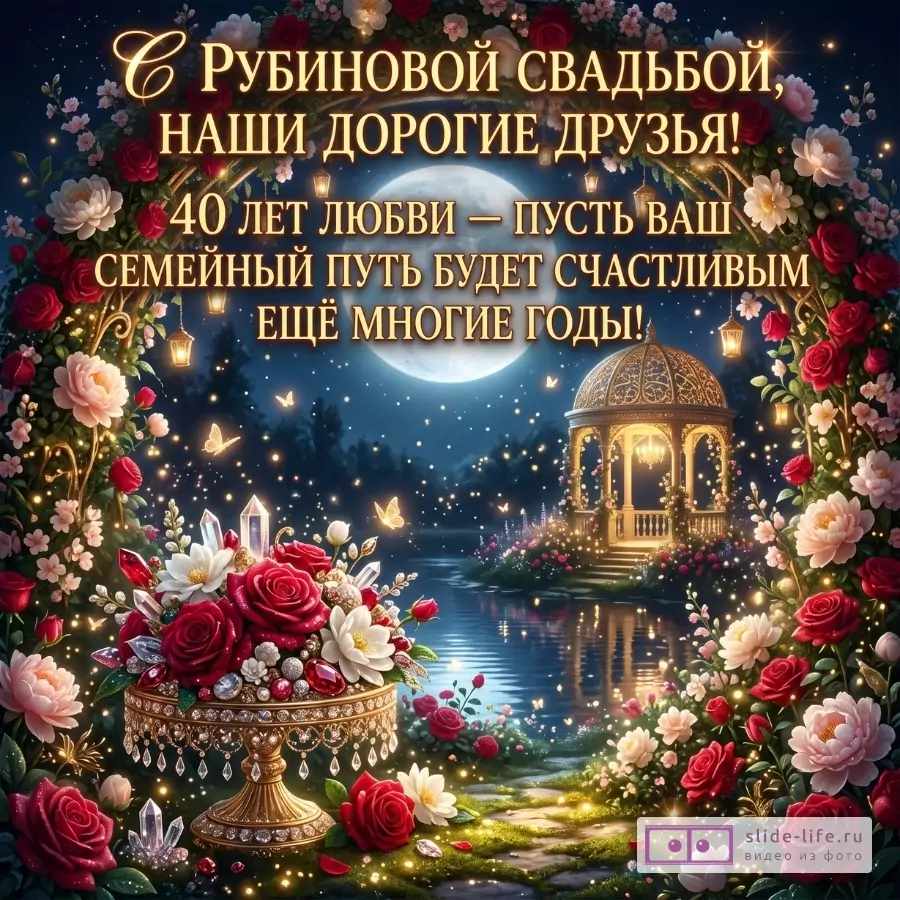 Тёмно-синий ночной фон с луной, цветочной аркой из красных и белых роз, золотой беседкой у воды и вазой с розами; текст: «С РУБИНОВОЙ СВАДЬБОЙ, НАШИ ДОРОГИЕ ДРУЗЬЯ! 40 ЛЕТ ЛЮБВИ — ПУСТЬ ВАШ СЕМЕЙНЫЙ ПУТЬ БУДЕТ СЧАСТЛИВЫМ ЕЩЁ МНОГИЕ ГОДЫ!»