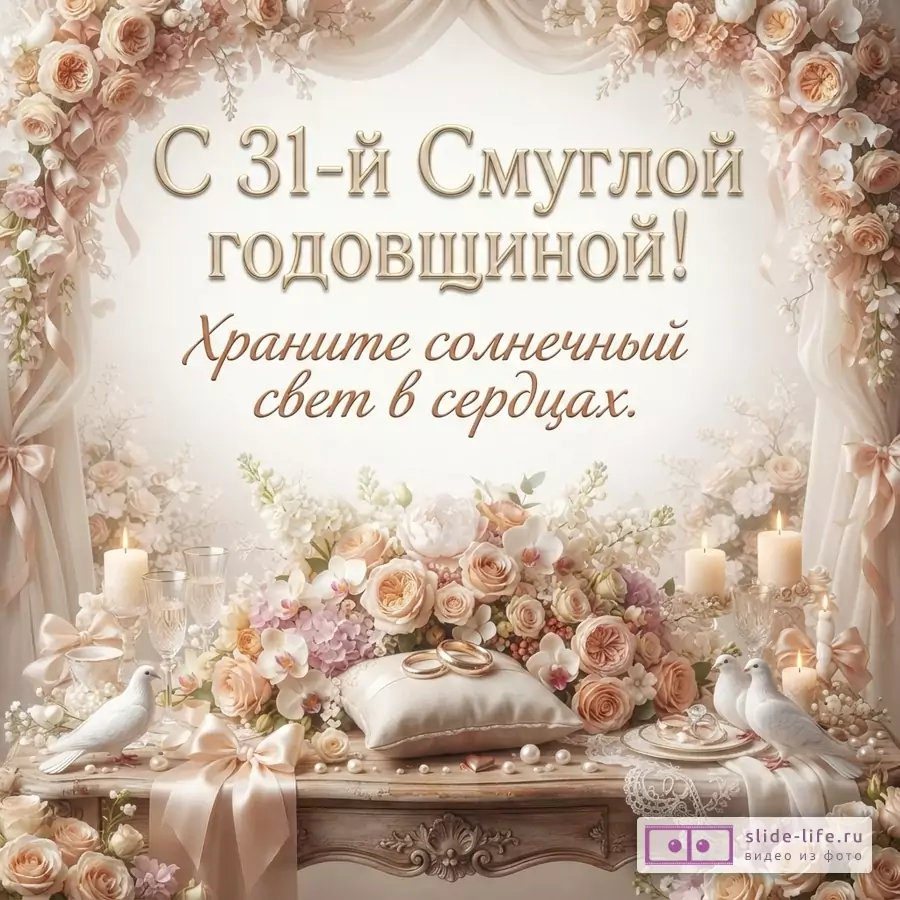 Бежево-розовая открытка с цветочной аркой, свечами, голубями, кольцами и текстом «С 31-й Смуглой годовщиной! Храните солнечный свет в сердцах.»