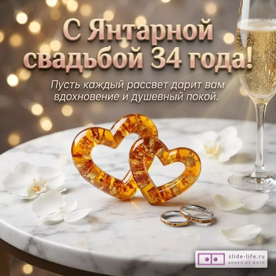 Фон боке, на переднем плане мраморный столик с двумя янтарными сердцами, двумя обручальными кольцами, лепестками орхидеи и бокалом шампанского. Надпись «С Янтарной свадьбой 34 года! Пусть каждый рассвет дарит вам вдохновение и душевный покой.»