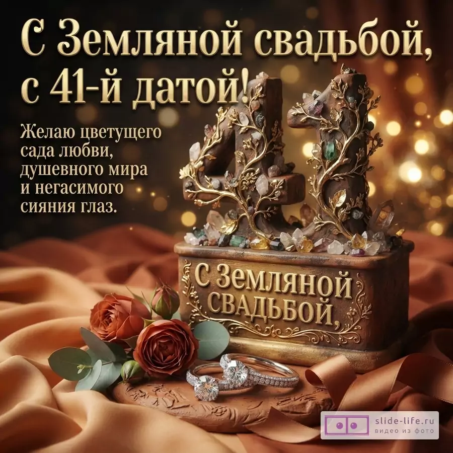 Открытка с золотыми буквами на черном фоне, цифры 41 из камней и золотых веток, внизу надпись «С Земляной Свадьбой», две розы и два кольца. Текст: «С Земляной свадьбой, с 41-й датой! Желаю цветущего сада любви, душевного мира и негасимого сияния глаз.»