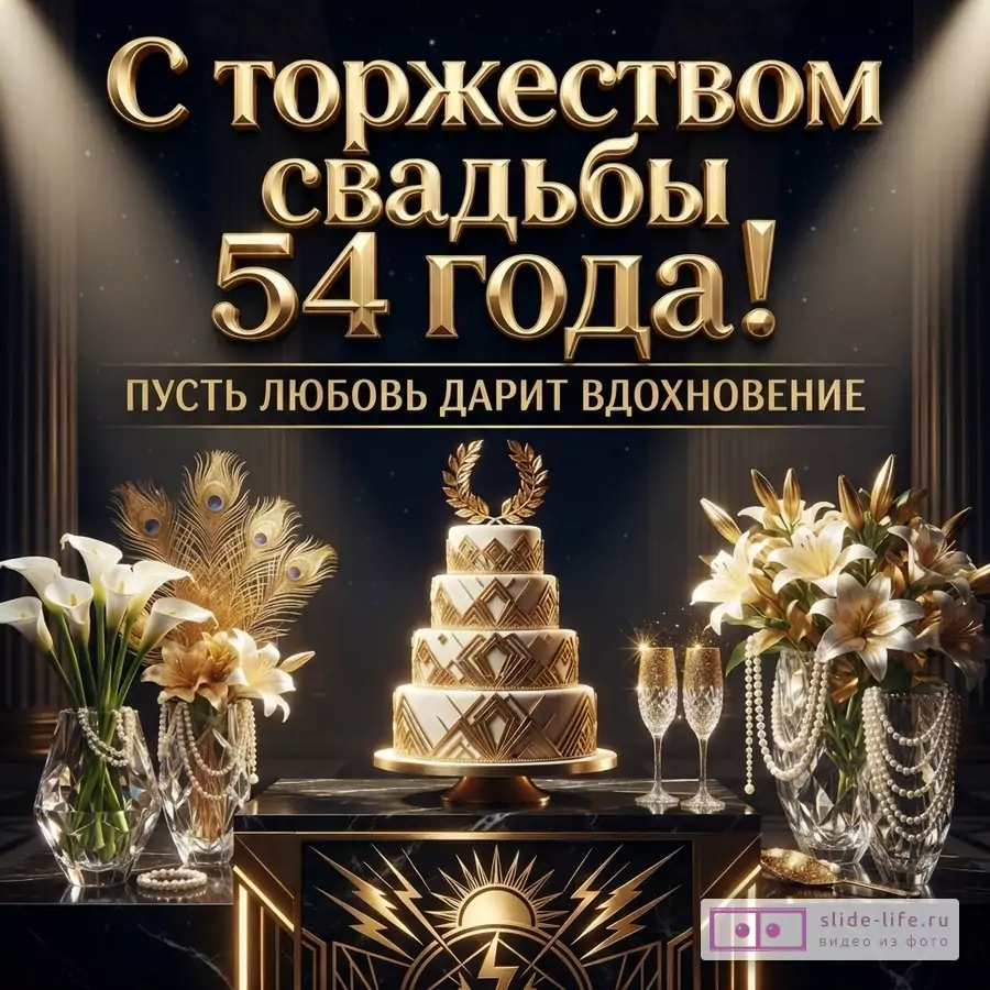 Темный фон, золотой объемный текст «С торжеством свадьбы 54 года! Пусть любовь дарит вдохновение», торт, цветы, бокалы, свечи и декоративные перья