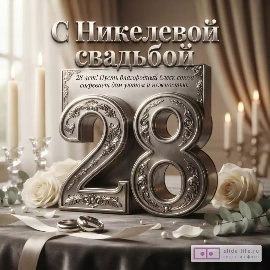 Открытка с надписью «С Никелевой свадьбой 28 лет! Пусть благородный блеск союза согревает дом уютом и нежностью.» на фоне свечей, роз и обручальных колец, серый фон.