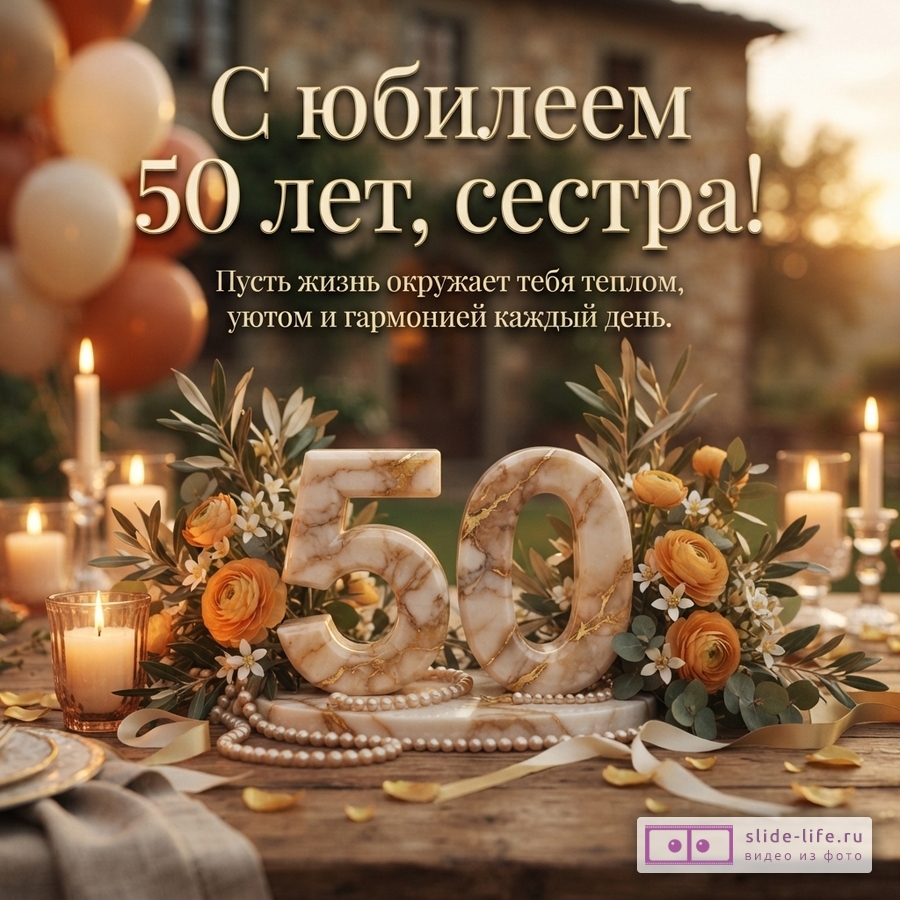 Открытка с фоном загородного дома на закате, воздушными шарами и свечами. На переднем плане мраморные цифры «50» с золотыми прожилками, украшенные цветами и жемчугом. Текст: «С юбилеем 50 лет, сестра! Пусть жизнь окружает тебя теплом, уютом и гармонией каждый день.»
