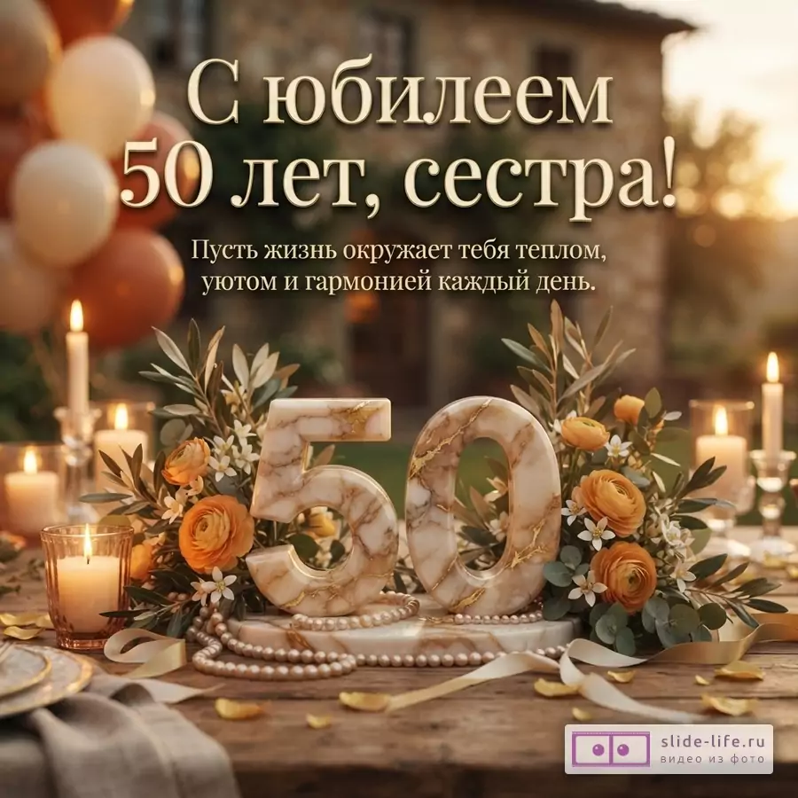 Открытка с фоном загородного дома на закате, воздушными шарами и свечами. На переднем плане мраморные цифры «50» с золотыми прожилками, украшенные цветами и жемчугом. Текст: «С юбилеем 50 лет, сестра! Пусть жизнь окружает тебя теплом, уютом и гармонией каждый день.»