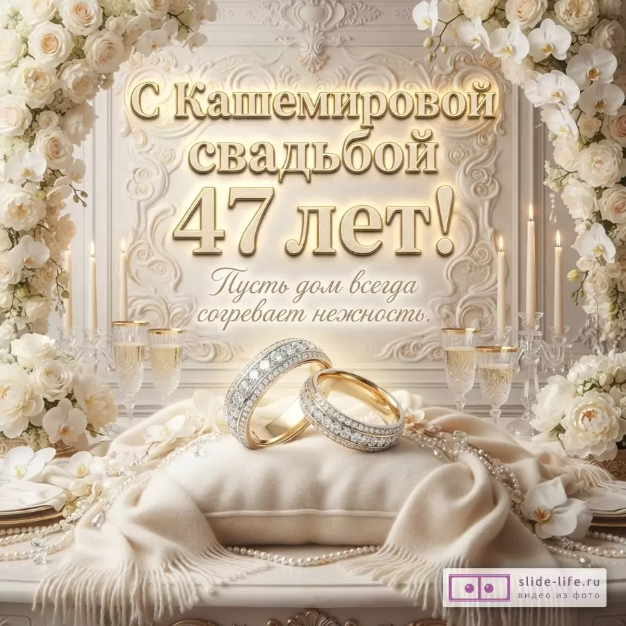 Бежевый фон, арка из белых роз и орхидей, свечи, бокалы с шампанским, два золотых кольца с бриллиантами на бежевой подушке. Текст: «С Кашемировой свадьбой 47 лет! Пусть дом всегда согревает нежность.»