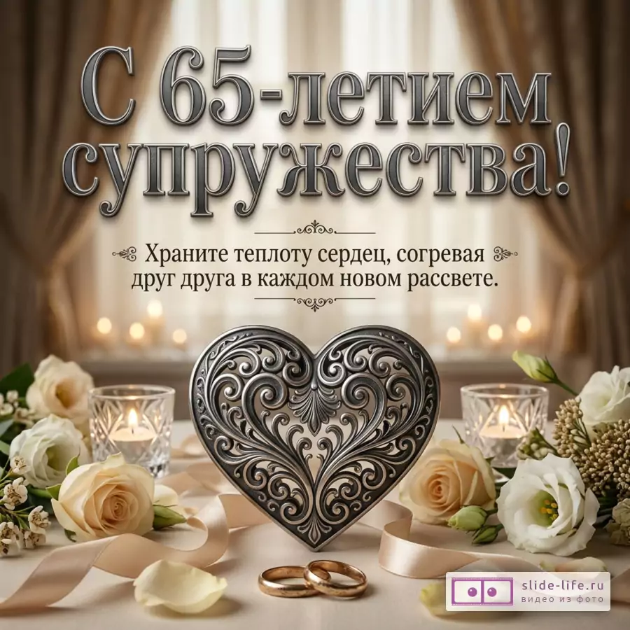 Открытка к 65-летию супружества с бежево-коричневым фоном, шторами, свечами, белыми и кремовыми розами, кольцами и ажурным сердцем, текст: «С 65-летием супружества! Храните теплоту сердец, согревая друг друга в каждом новом рассвете.»