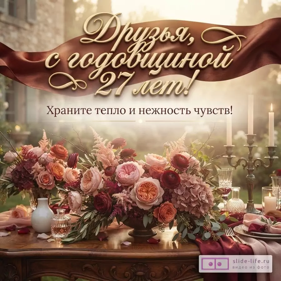 Открытка с золотым текстом на коричневой ленте, на фоне размытого сада, на переднем плане деревянный стол с цветочными композициями и сервировкой. Текст: «Друзья, с годовщиной 27 лет! Храните тепло и нежность чувств!»