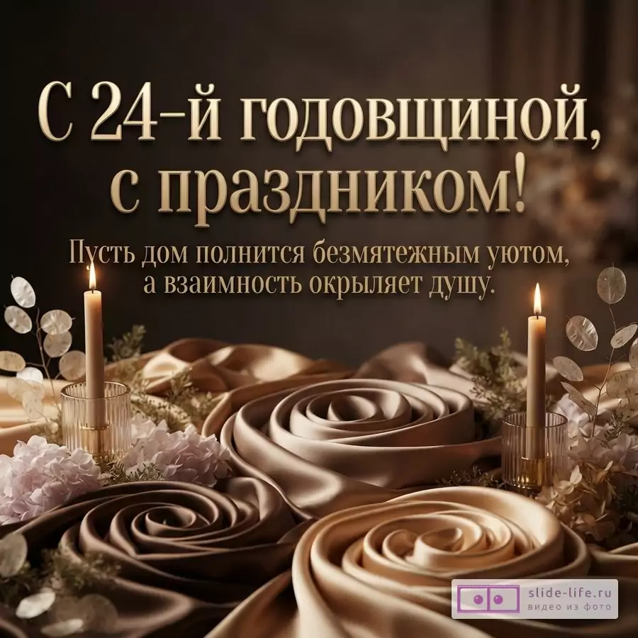 Драпированная атласная ткань в форме роз, две зажженные свечи в подсвечниках и надпись «С 24-й годовщиной, с праздником! Пусть дом полнится безмятежным уютом, а взаимность окрыляет душу.»