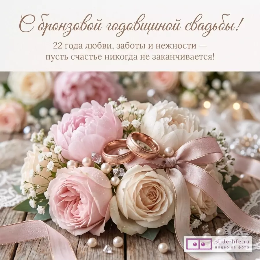 Светлый фон, розовые и кремовые розы и пионы, бронзовые кольца, атласная лента, жемчужины. «С бронзовой годовщиной свадьбы! 22 года любви, заботы и нежности — пусть счастье никогда не заканчивается!»