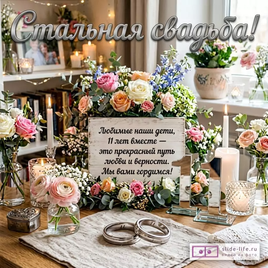 11 лет свадьбы детям от родителей — открытка со Стальной свадьбой и душевными пожеланиями