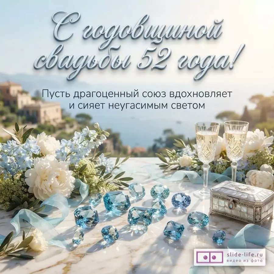 Открытка с видом на море, цветами, бокалами шампанского, голубыми камнями и шкатулкой. Текст: «С годовщиной свадьбы 52 года! Пусть драгоценный союз вдохновляет и сияет неугасимым светом»