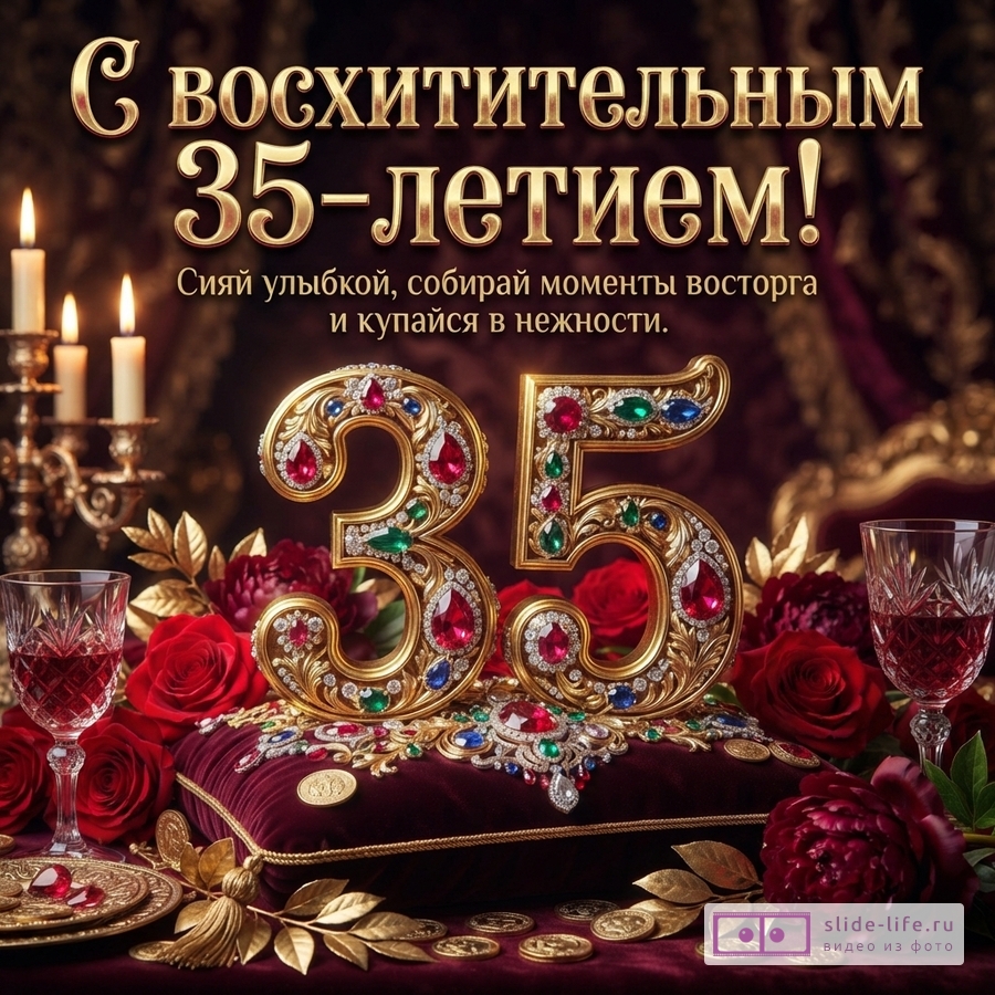 Инкрустированная драгоценными камнями золотая цифра 35 на бархатной подушке среди красных роз и свечей, надпись: «С восхитительным 35-летием! Сияй улыбкой, собирай моменты восторга и купайся в нежности.»