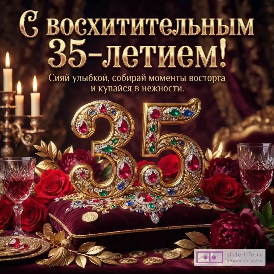 Инкрустированная драгоценными камнями золотая цифра 35 на бархатной подушке среди красных роз и свечей, надпись: «С восхитительным 35-летием! Сияй улыбкой, собирай моменты восторга и купайся в нежности.»