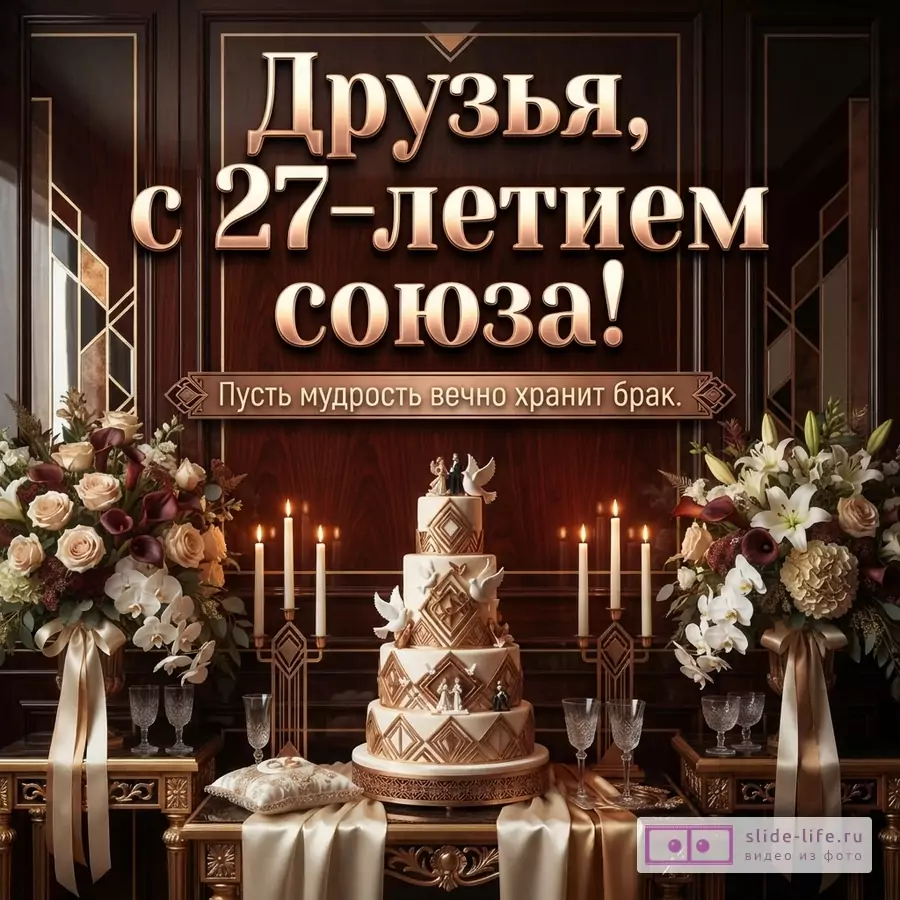 Открытка на деревянном фоне с золотыми элементами, цветами, свечами и многоярусным тортом. Текст: «Друзья, с 27-летием союза! Пусть мудрость вечно хранит брак.»