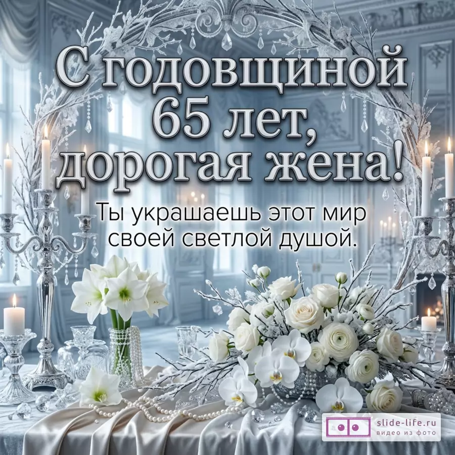 Белая и серебристая открытка с зимним цветочным декором, свечами, белыми розами и орхидеями, текстом «С годовщиной 65 лет, дорогая жена! Ты украшаешь этот мир своей светлой душой.»