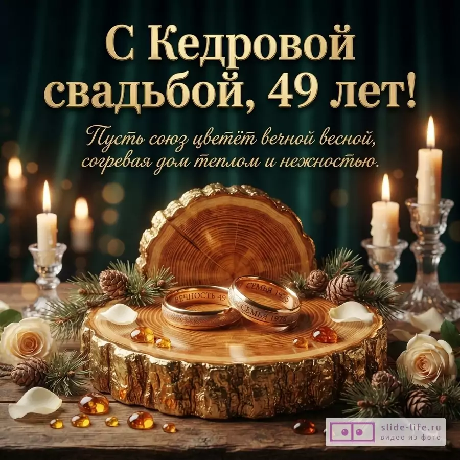 Открытка с золотыми буквами на темно-зеленом фоне. Внизу два обручальных кольца на деревянном спиле, еловые ветки, шишки, розы и янтарь. Текст: «С Кедровой свадьбой, 49 лет! Пусть союз цветёт вечной весной, согревая дом теплом и нежностью.»