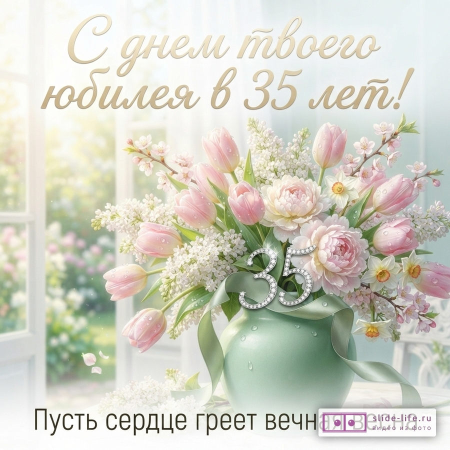 Букет розовых тюльпанов и белых цветов в зеленой вазе на фоне окна, надписи «С днем твоего юбилея в 35 лет!» и «Пусть сердце греет вечная весна».