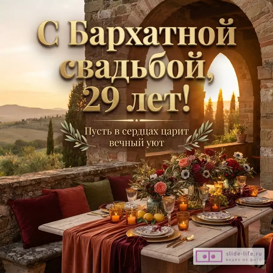 Фон с видом на долину и арку, на переднем плане сервированный стол. Текст: «С Бархатной свадьбой, 29 лет! Пусть в сердцах царит вечный уют»