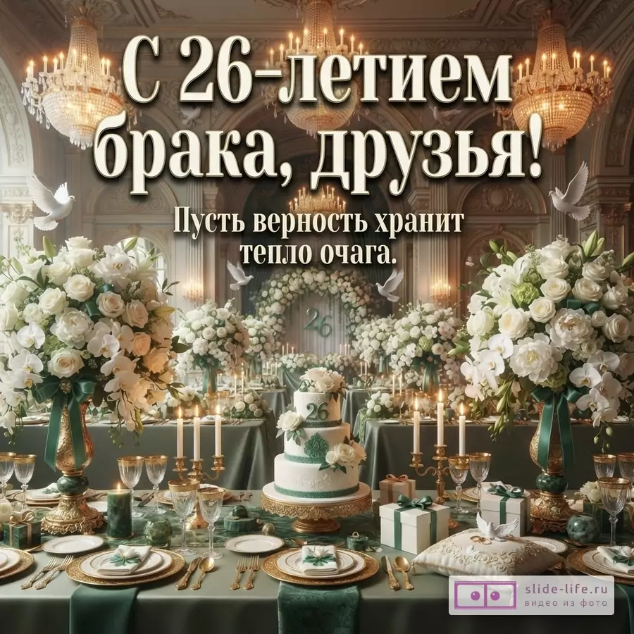 Праздничная открытка с темно-зеленым фоном, залом с люстрами, столом с бело-кремовыми цветами, свечами и тортом; текст «С 26-летием брака, друзья! Пусть верность хранит тепло очага.»
