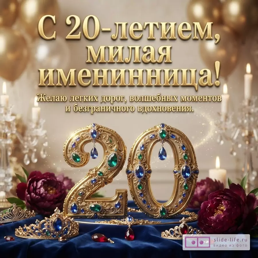 Объемная золотая цифра 20 с драгоценными камнями, тиары, бордовые пионы, свечи и текст «С 20-летием, милая именинница! Желаю легких дорог, волшебных моментов и безграничного вдохновения.»