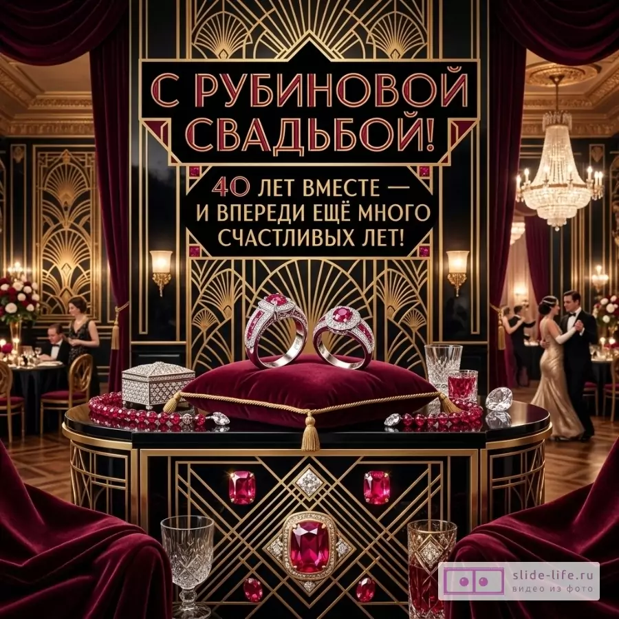 Темный бордово-черный фон, золотой орнамент, кольца с рубинами на бархатной подушке, бокалы и драгоценности. Текст: «С РУБИНОВОЙ СВАДЬБОЙ! 40 ЛЕТ ВМЕСТЕ — И ВПЕРЕДИ ЕЩЁ МНОГО СЧАСТЛИВЫХ ЛЕТ!»