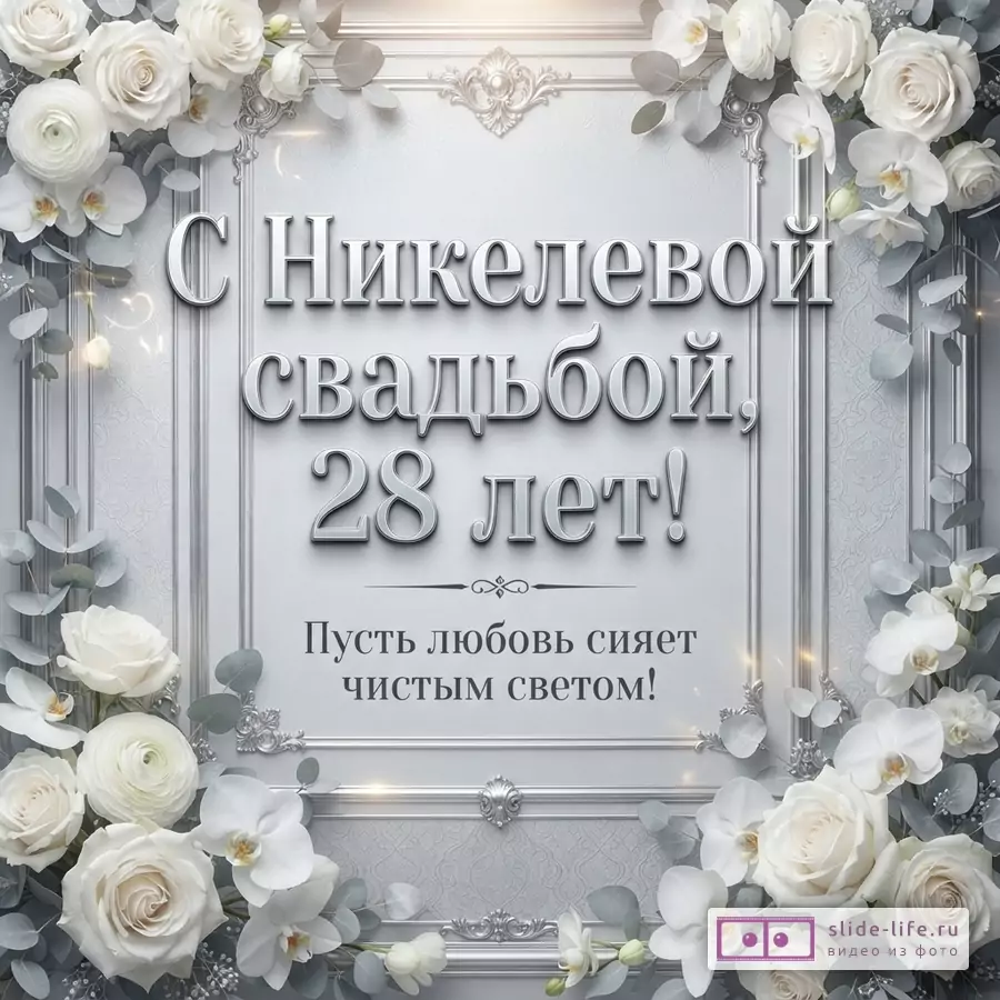 Открытка с белыми розами, орхидеями и эвкалиптом на сером фоне. В центре рамка с текстом «С Никелевой свадьбой, 28 лет! Пусть любовь сияет чистым светом!»