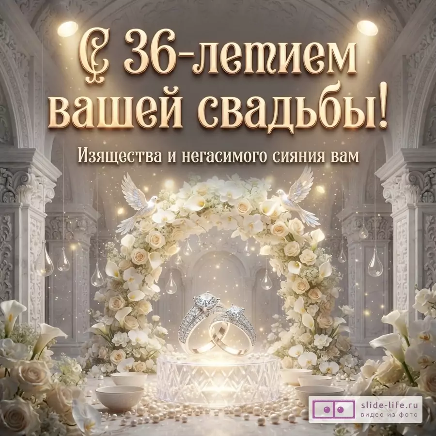 Открытка с белым фоном, золотыми буквами и белыми цветами. В центре два обручальных кольца. Текст: «С 36-летием вашей свадьбы! Изящества и негасимого сияния вам»
