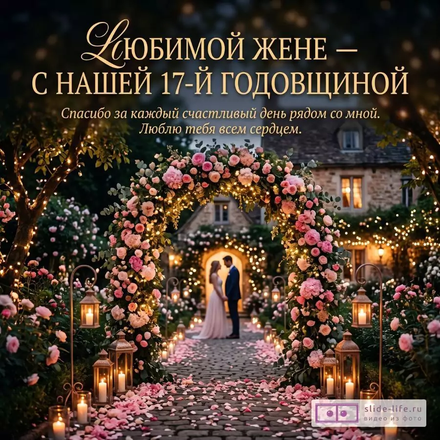 Темный сине-золотистый фон, цветочная арка из розовых роз, фонари и свечи, дорожка с лепестками, силуэты пары у дома. Текст: «Любимой жене — с нашей 17-й годовщиной Спасибо за каждый счастливый день рядом со мной. Люблю тебя всем сердцем.»