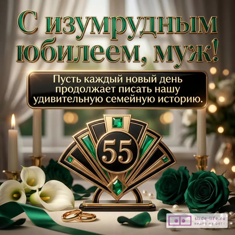 Открытка с текстом «С изумрудной свадьбой, любимый муж! Пусть каждый новый день продолжает писать вашу удивительную семейную легенду.» бело-золотой фон, зеленые и золотые буквы, число «55», свечи, каллы, кольца, жемчуг, зеленая лента