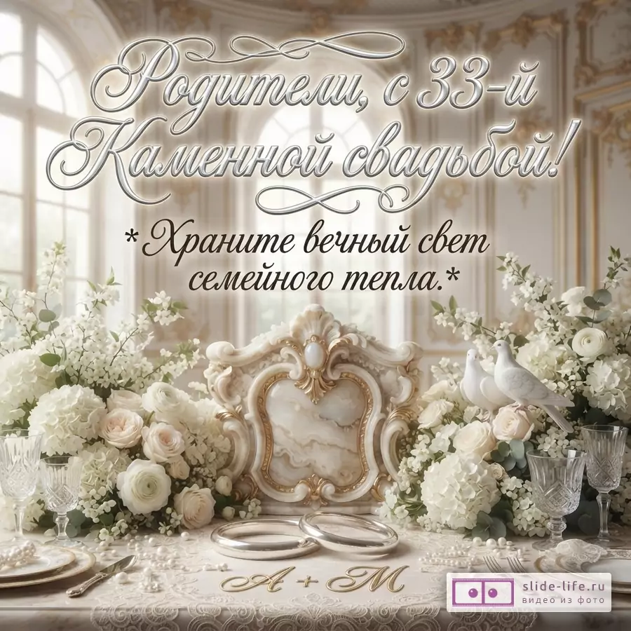 Белый фон с окнами, на переднем плане стол, накрытый белой скатертью, с белыми цветами, посудой, двумя обручальными кольцами и двумя белыми голубями. Надпись серебряными буквами: «Родители, с 33-й Каменной свадьбой! Храните вечный свет семейного тепла.»