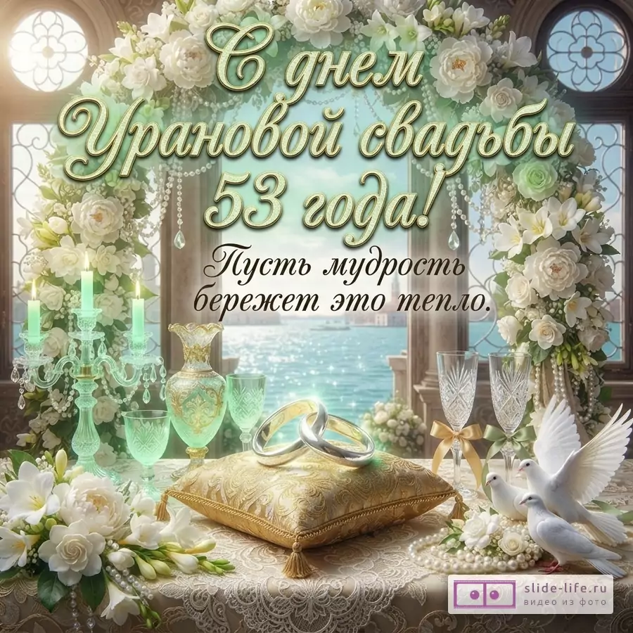 Цветочная арка, окно с видом на море, золотистая подушка с кольцами, бокалы, свечи и текст «С днем Урановой свадьбы 53 года! Пусть мудрость бережет это тепло.»
