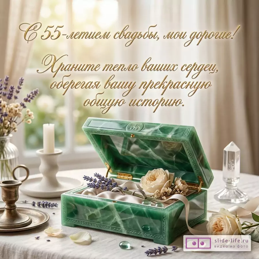 Бежевая открытка с золотым текстом «С 55-летием свадьбы, мои дорогие! Храните тепло ваших сердец, оберегая вашу прекрасную общую историю.», зеленая шкатулка, свеча, розы, лаванда