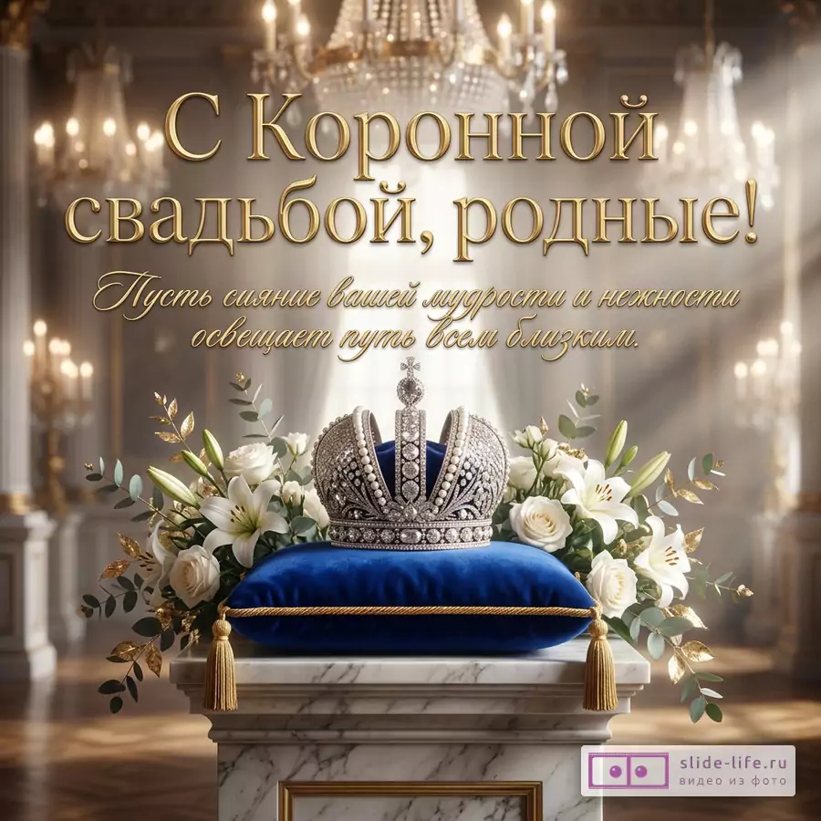 Корона с бриллиантами на синей бархатной подушке среди белых цветов и надпись: «С Коронной свадьбой, родные! Пусть сияние вашей мудрости и нежности освещает путь всем близким.»