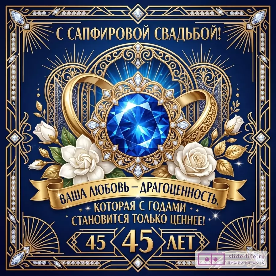 Темно-синий фон, золотая рамка, сапфир, белые розы и ленты. Текст: «С САПФИРОВОЙ СВАДЬБОЙ!», «ВАША ЛЮБОВЬ — ДРАГОЦЕННОСТЬ, КОТОРАЯ С ГОДАМИ СТАНОВИТСЯ ТОЛЬКО ЦЕННЕЕ!», «45 ЛЕТ»