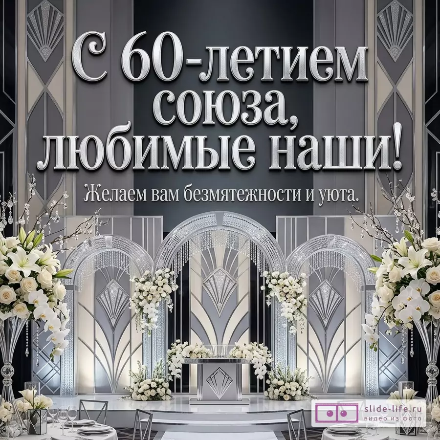 Серебристо-серая открытка с декоративной свадебной сценой, арками, белыми цветами и текстом «С 60-летием союза, любимые наши! Желаем вам безмятежности и уюта.»
