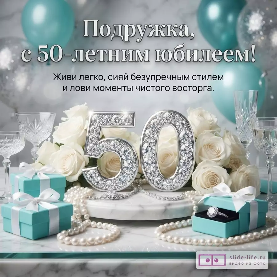 Открытка с голубыми шарами, белыми розами, жемчужными бусами, бирюзовыми коробочками и цифрами «50» из страз. Текст: «Подружка, с 50-летним юбилеем! Живи легко, сияй безупречным стилем и лови моменты чистого восторга.»