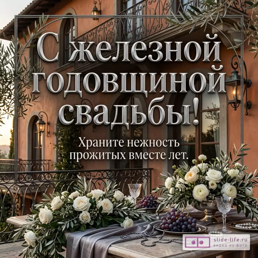 Терраса у дома с коваными перилами, стол с белыми розами, виноградом и бокалами, оливковые ветви, серо-бежевый фон, текст «С железной годовщиной свадьбы! Храните нежность прожитых вместе лет.»