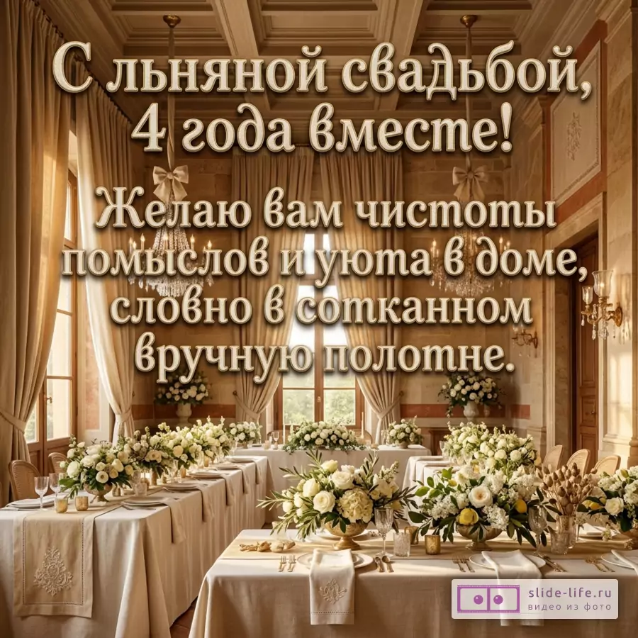 Бежево-золотая открытка с цветами, свечами и столом, текст «С льняной свадьбой, 4 года вместе! Желаю вам чистоты мыслей и уюта в вашем доме, словно в сотканном вручную полотне.»