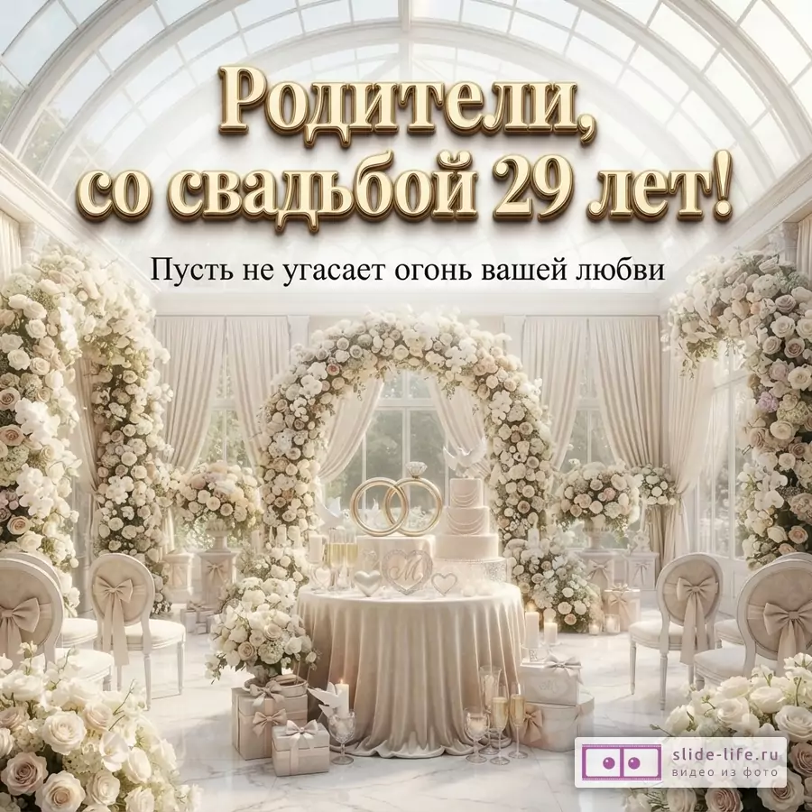 Праздничная светлая открытка с бело-бежевым свадебным залом, цветочными арками и крупным бордовым текстом «Родители, со свадьбой 29 лет! Пусть не угасает огонь вашей любви.»