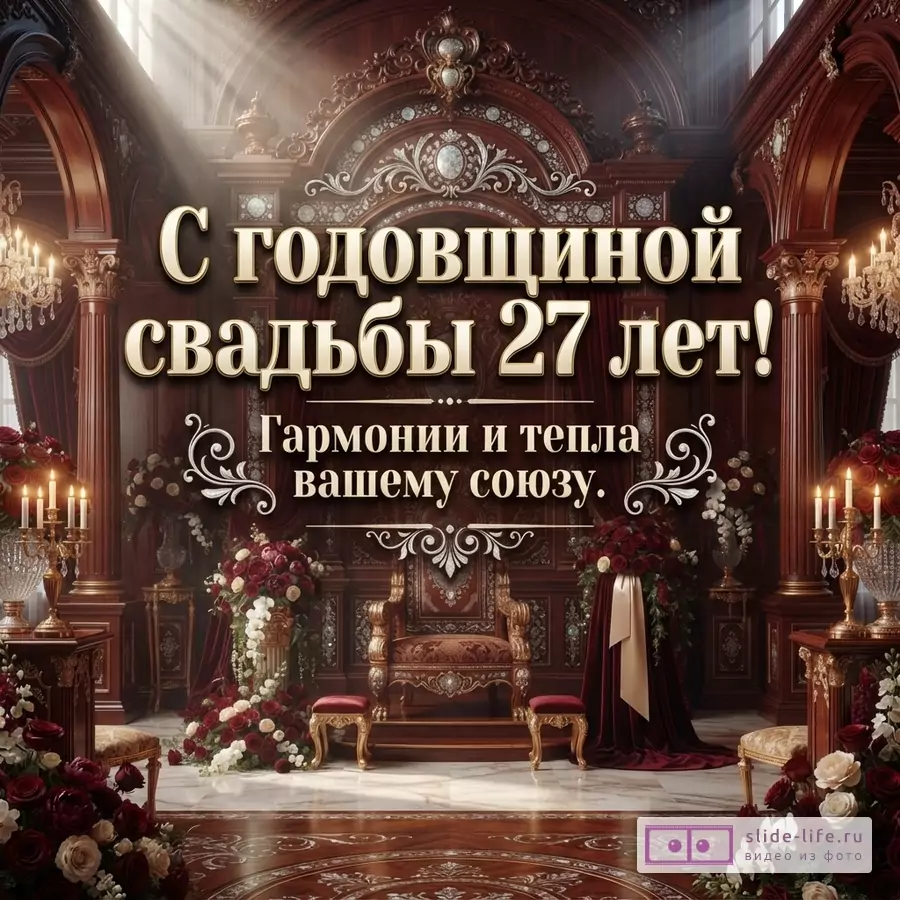 Открытка с интерьером в классическом стиле, с деревянными панелями, красными розами и золотыми элементами. Текст: «С годовщиной свадьбы 27 лет! Гармонии и тепла вашему союзу.»